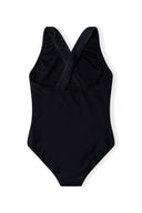 Black girls one-piece swimsuit with gold Aloha pineapple and crisscross straps