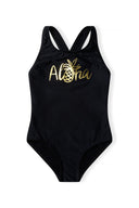 Girls one-piece swimsuit in black with gold Aloha pineapple design