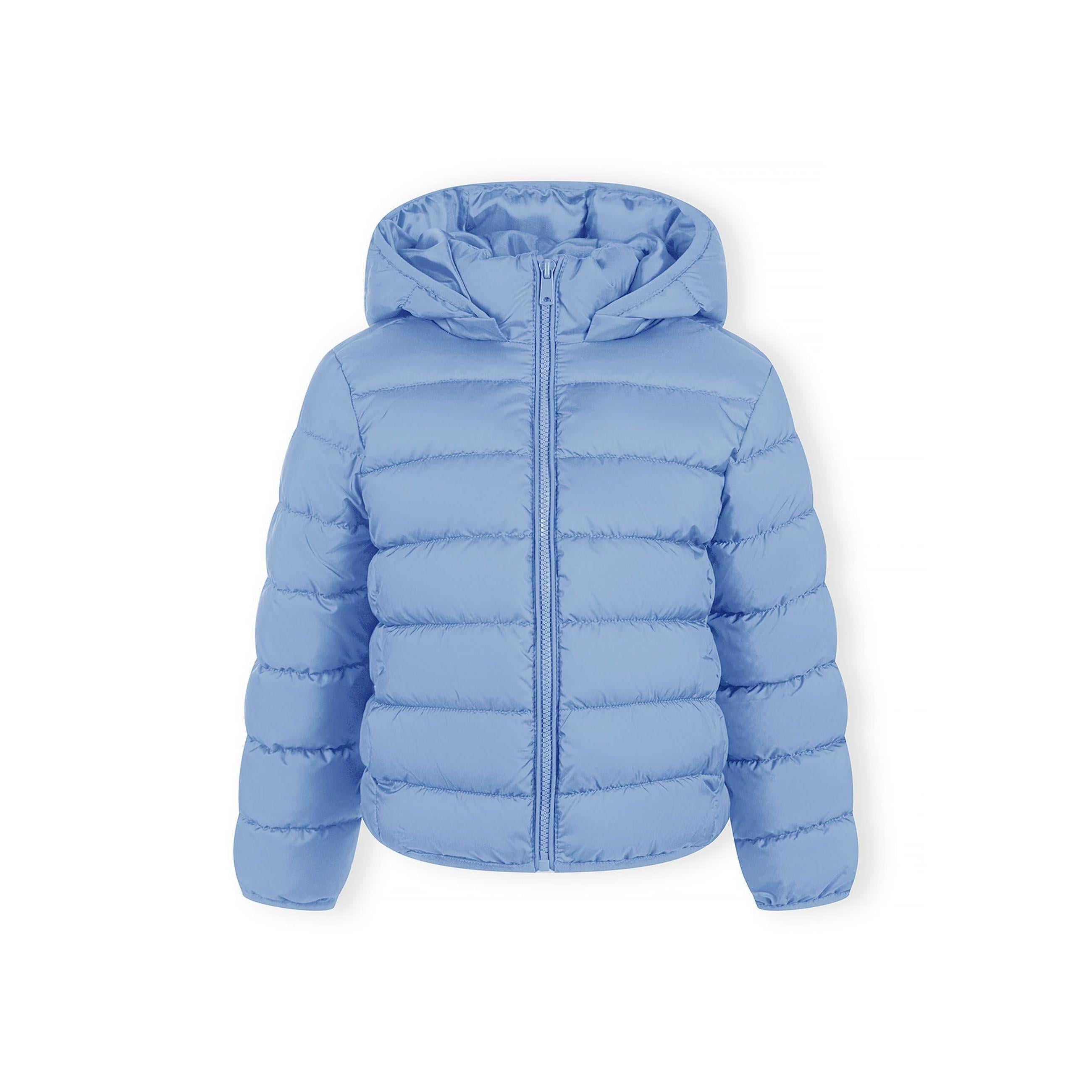 Close-up detail of blue quilted jacket showing zip closure, quilted padding texture and stitching on blue fabric