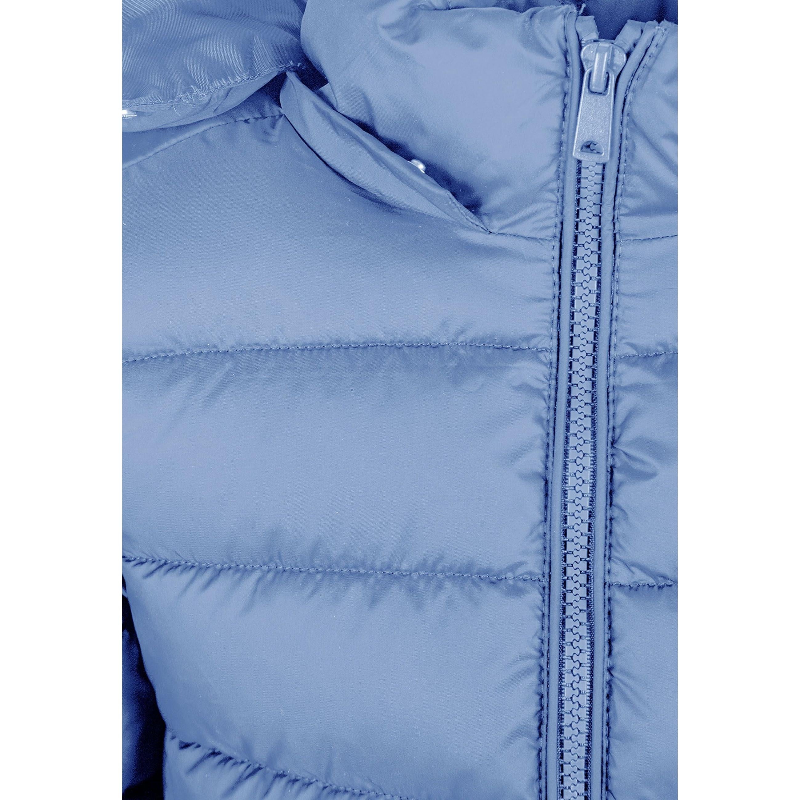 Close-up detail of blue quilted jacket showing zip closure, quilted padding texture and stitching on blue fabric