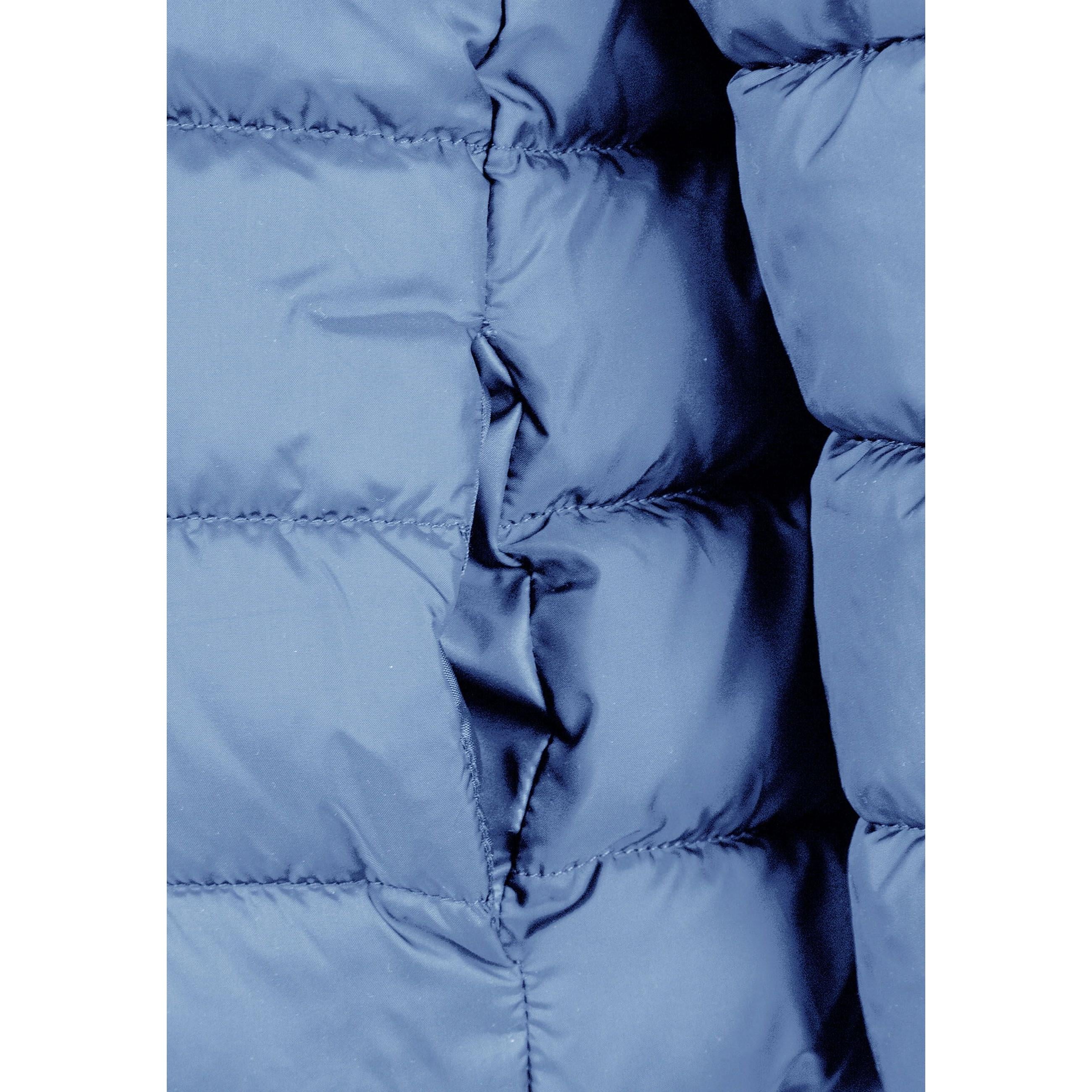 Close-up detail of blue quilted jacket showing zip closure, quilted padding texture and stitching on blue fabric