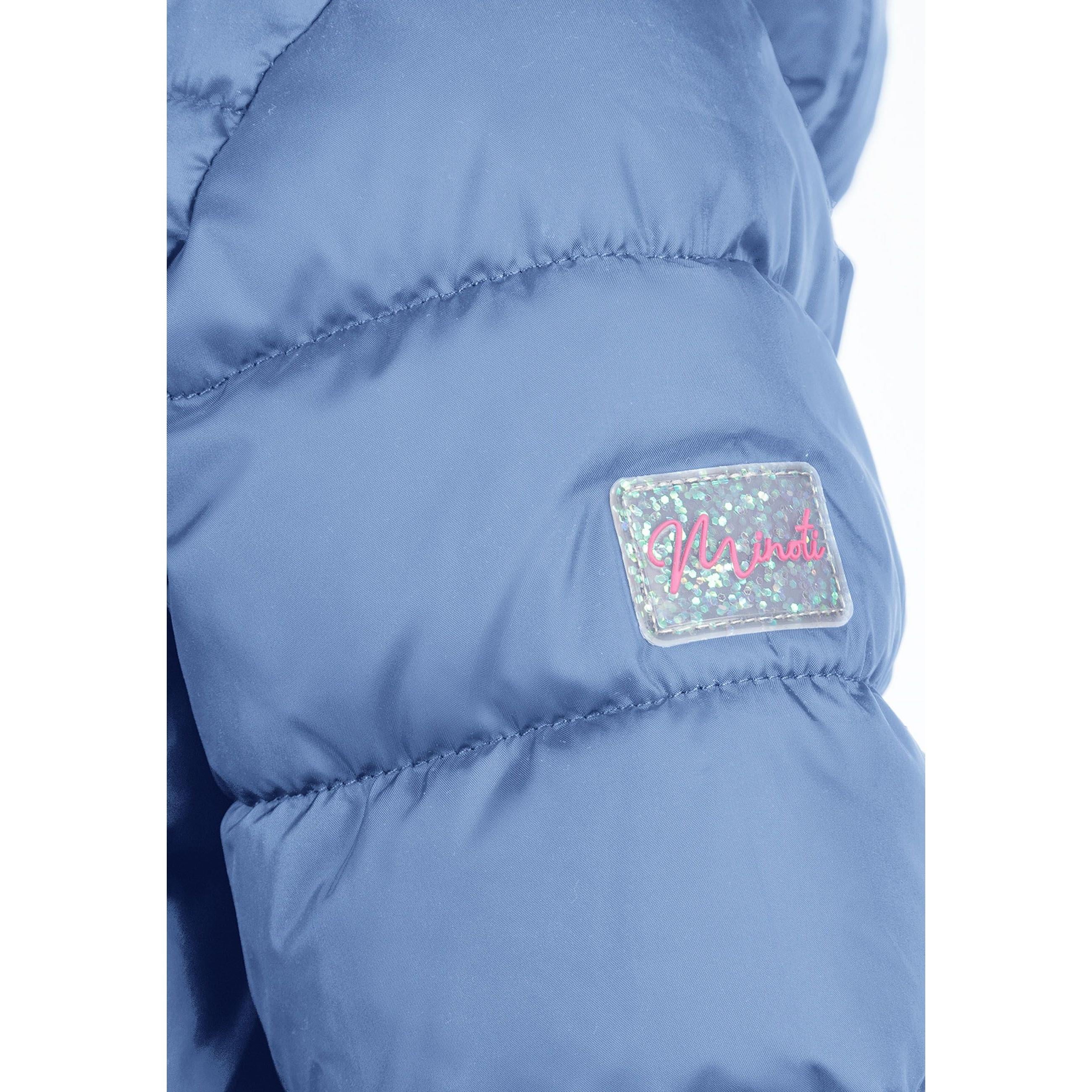 Close-up detail of blue quilted jacket showing zip closure, quilted padding texture and stitching on blue fabric
