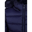Girls navy quilted jacket with zip, high collar, and detachable hood.