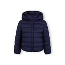 Girls navy quilted jacket with zip, detachable hood, and high collar for 2-14 years.