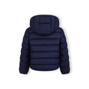 Girls navy quilted jacket with detachable hood, lightly padded for 2-14 years.