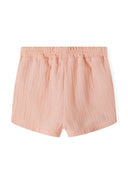 Girls short sleeve linen shorts set coral in soft peach crinkled fabric