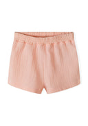 Girls short sleeve linen shorts set coral in soft peach with elastic waistband