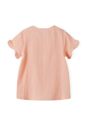 Girls short sleeve linen shorts set coral with ruffled peach blouse