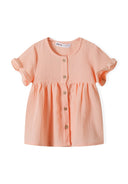 Girls short sleeve coral blouse with ruffled cuffs and pleats