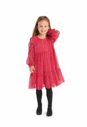 Vibrant red girls sparkle pleated party dress with sheer textured fabric and puffy sleeves