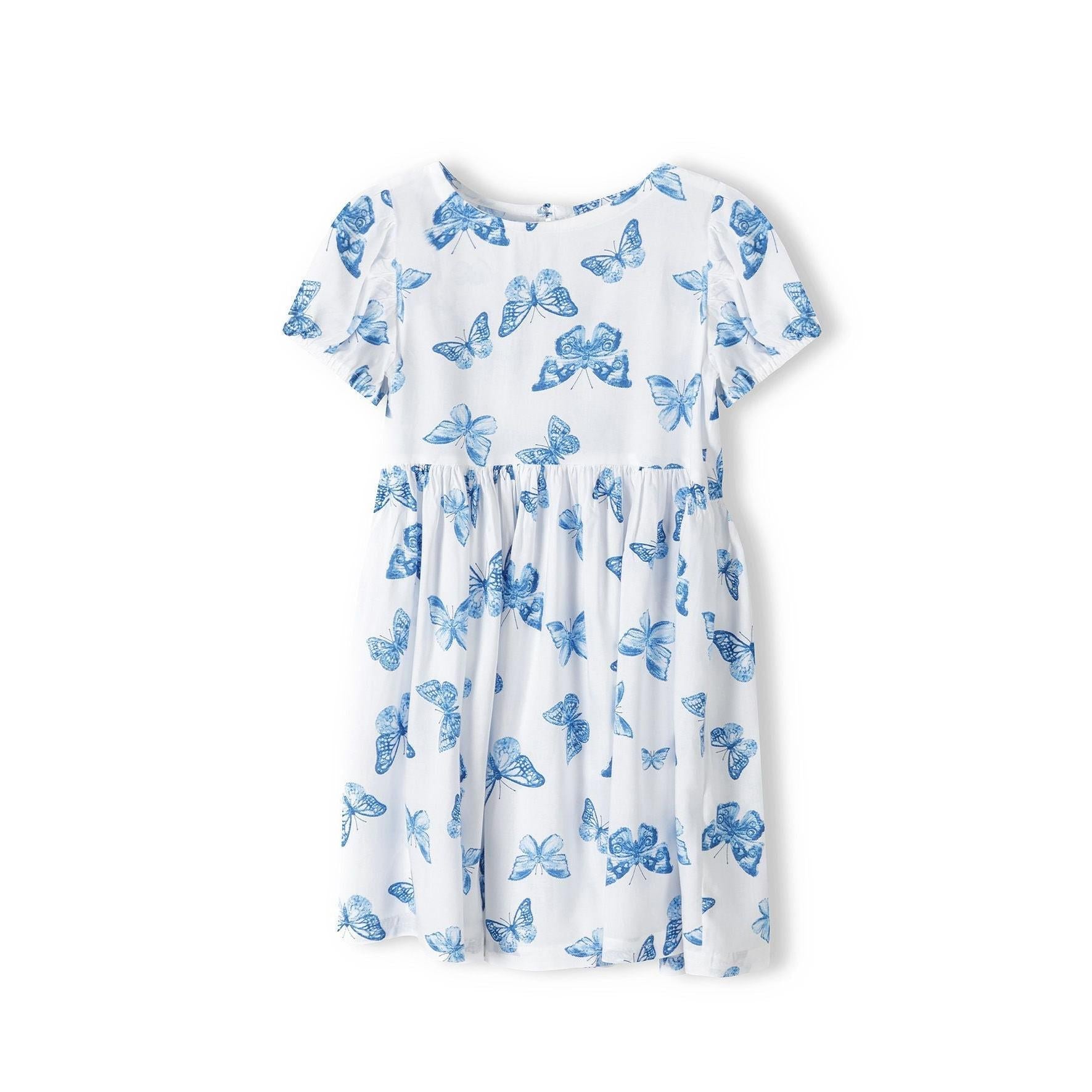 White butterfly print dress laid flat showing blue butterfly pattern, short bell sleeves with elasticated cuffs and crew neckline