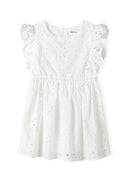 Girls summer dress in white eyelet lace with ruffled sleeves and embroidery