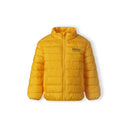 Boys' bright yellow light padded jacket with stand collar, central zipper, and "MN97" chest print.