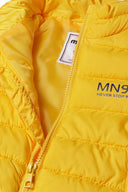 Bright yellow boys' light padded jacket with central zipper, stand collar, and "MNS" chest print.