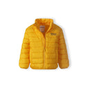 Boys' bright yellow light padded jacket with zipper, stand collar, and "MN97" chest print.
