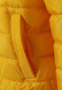 Close-up of a bright yellow boys' light padded jacket showing a slanted welt pocket and quilted texture.