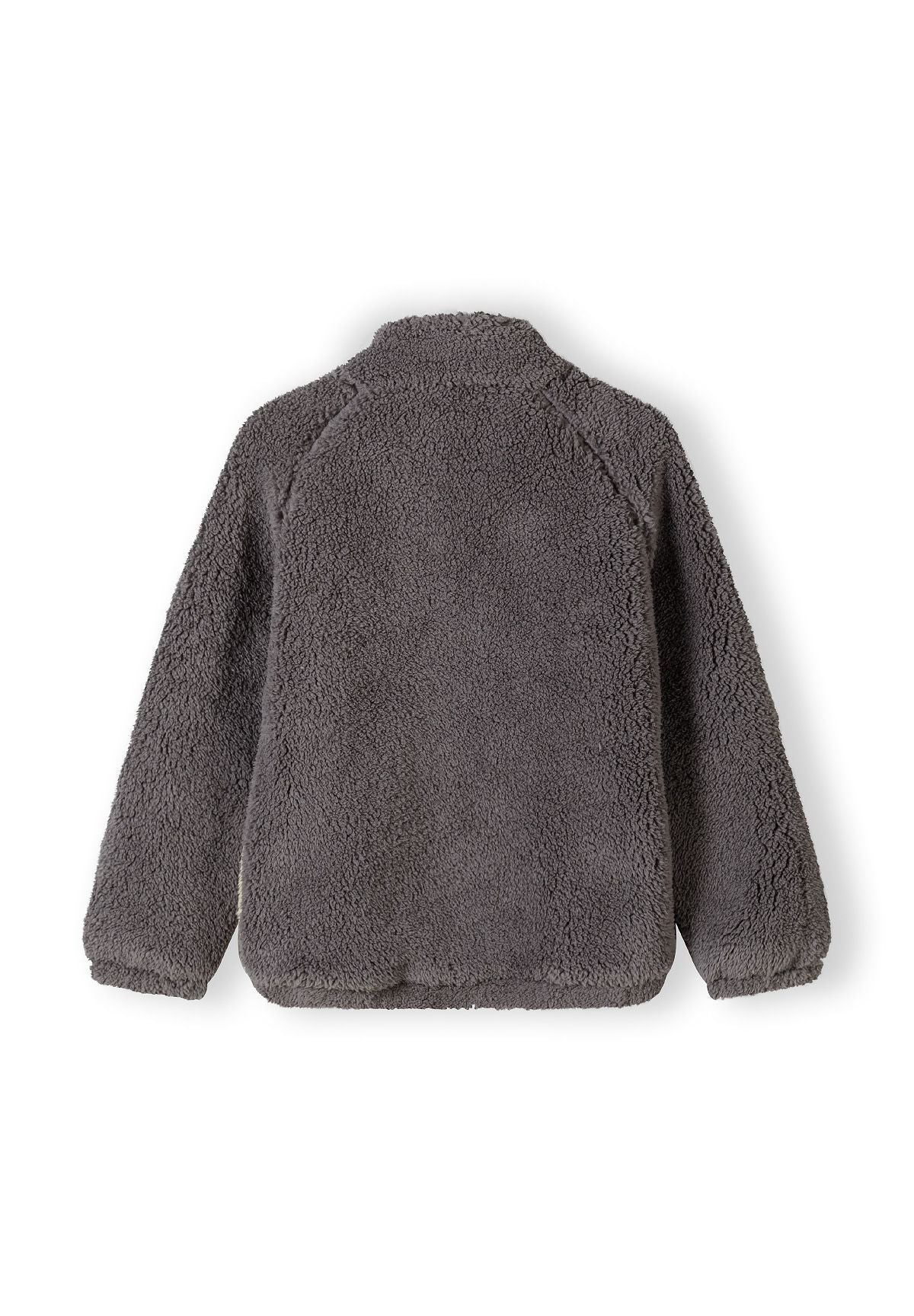 Back view of brown sherpa fleece jacket showing textured fabric detail and construction on white background