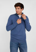 Men half zip blue sweater with stand collar, ribbed cuffs and hem