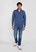 Men half zip blue sweater with stand collar, textured knit, and logo patch