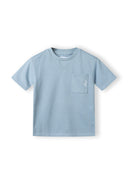 Light blue short sleeve t-shirt with ribbed crew neck and embroidered logo pocket
