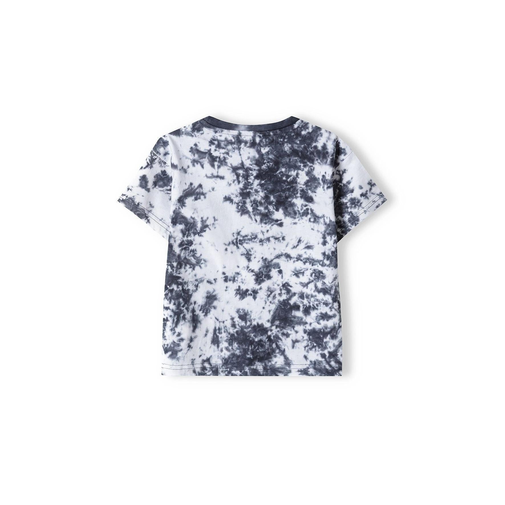 Back view of tie dye t-shirt showing full grey and white tie dye pattern across entire garment, flat lay on white background