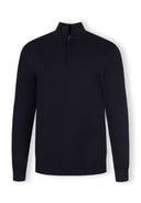 Navy blue half zip jumper with ribbed cuffs and subtle logo