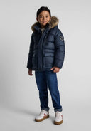 Boys navy jacket with fleece lining and detachable fur hood