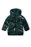 Metallic dark green padded jacket with glossy quilted hooded design