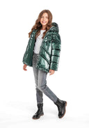 Shiny metallic dark green padded jacket with quilted hooded design
