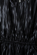 Black pleated party dress with shiny textured fabric and elastic waistband