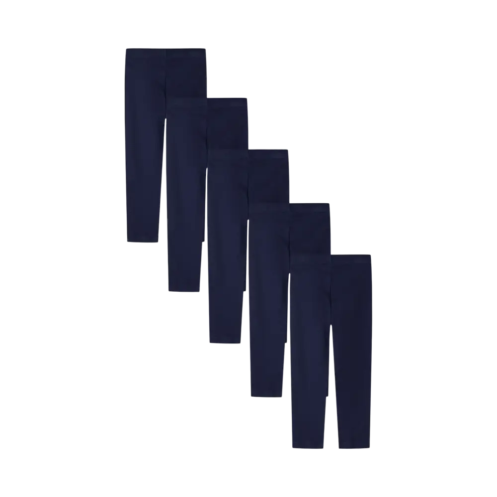 Five navy jersey leggings arranged in graduated sizes showing the complete pack contents against black background